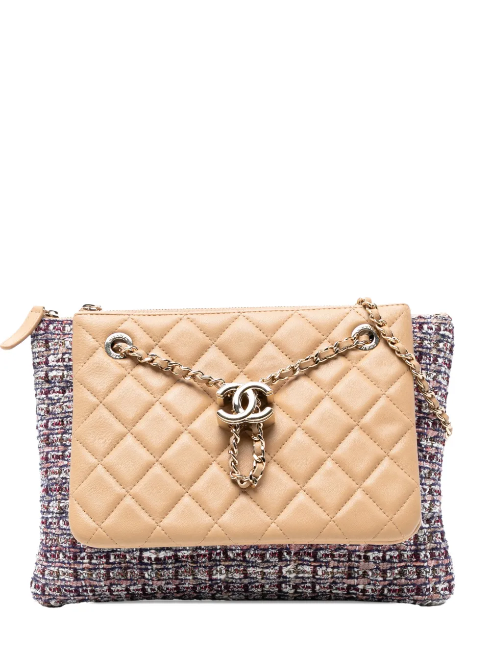 CHANEL Pre-owned 2019 Quilted Lambskin And Tweed Double Case With Chain Crossbody Bag In Brown
