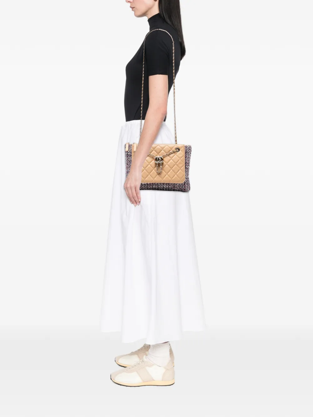 CHANEL Pre-owned 2019 Quilted Lambskin And Tweed Double Case With Chain Crossbody Bag In Brown