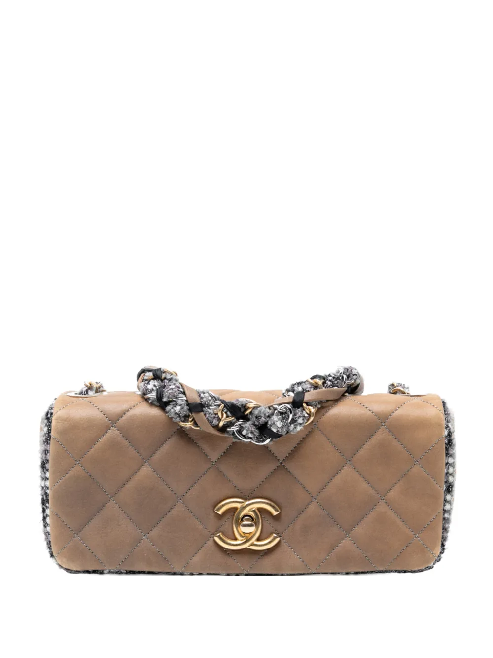 Pre-owned Chanel 2010-2011 Small Quilted Lambskin And Tweed Chain Flap Shoulder Bag In Brown