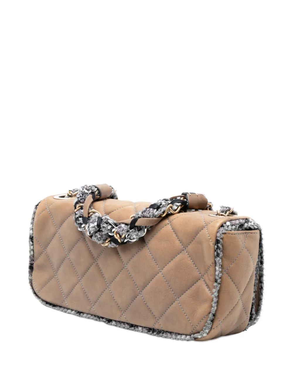 Pre-owned Chanel 2010-2011 Small Quilted Lambskin And Tweed Chain Flap Shoulder Bag In Brown
