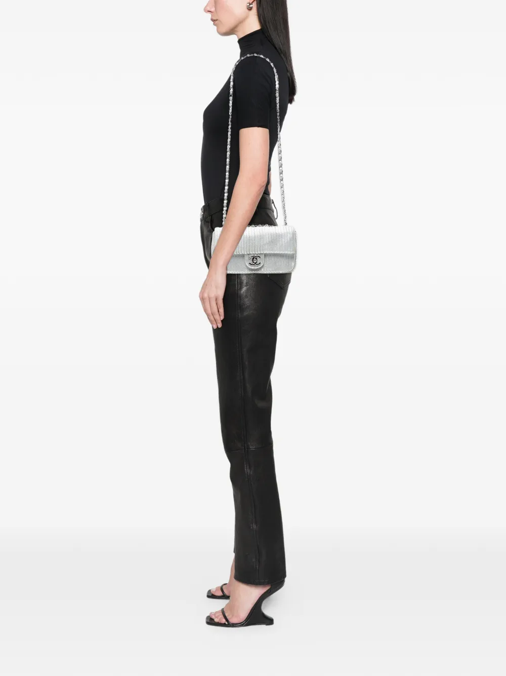 CHANEL Pre-owned 2014 Small Metallic Lambskin Laser Cut Flap Shoulder Bag In Silver