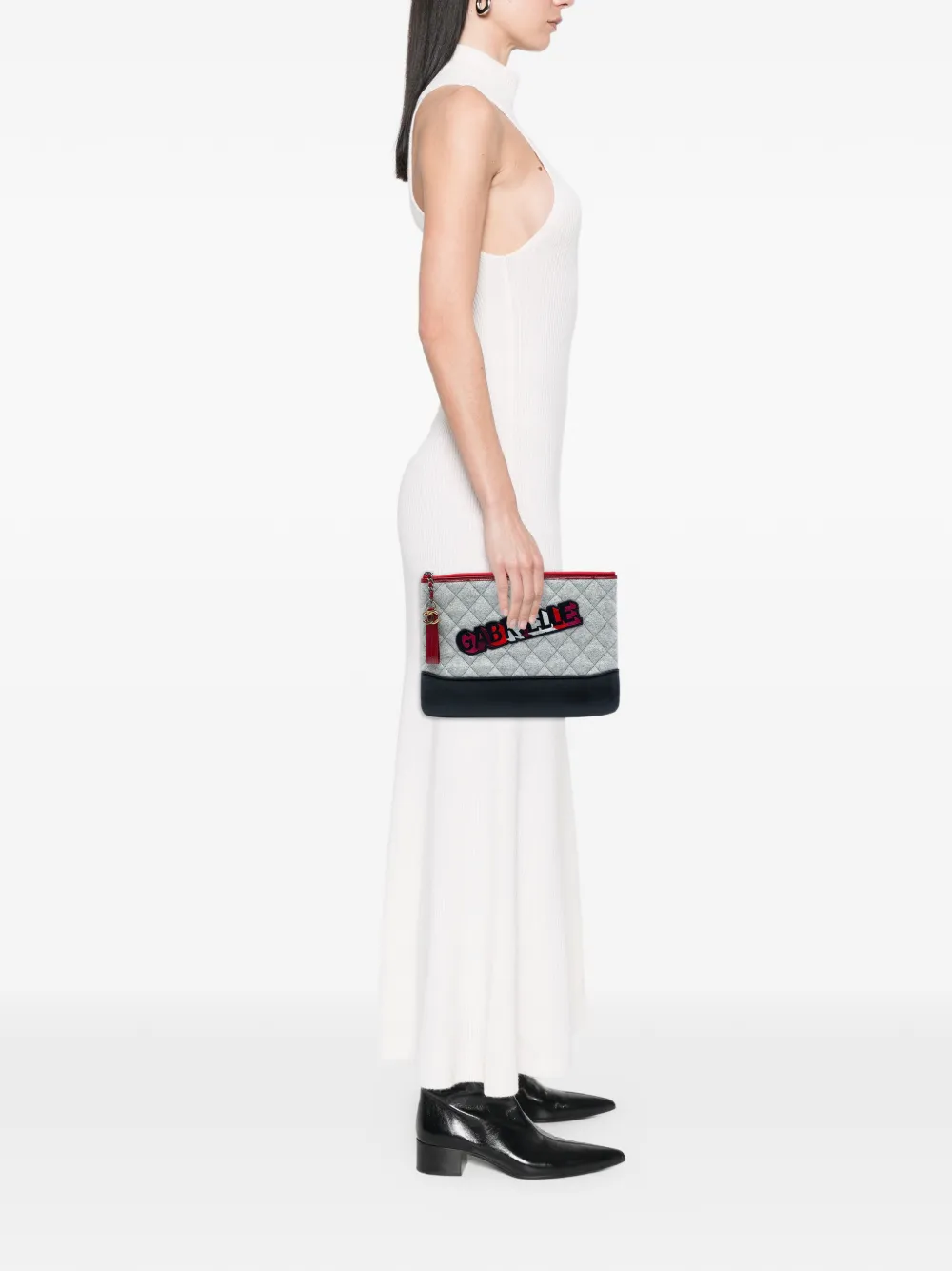 Pre-owned Chanel 2017-2018 Medium Quilted Wool And Calfskin Gabrielle O Case Clutch Bag In Black