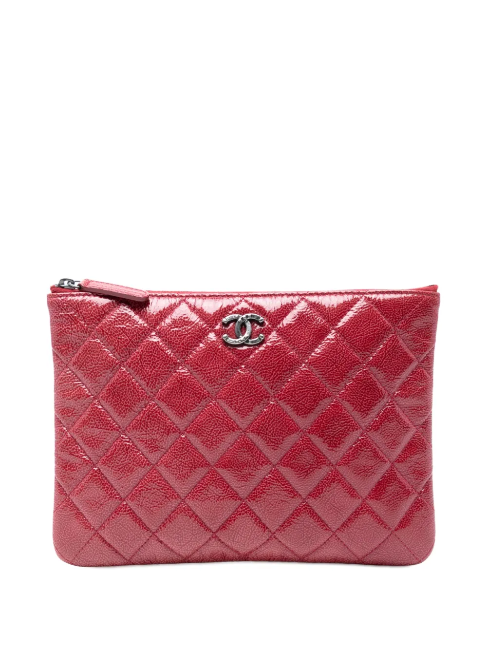 Pre-owned Chanel 2014 Small Crinkled Patent O Case Clutch Bag In Red