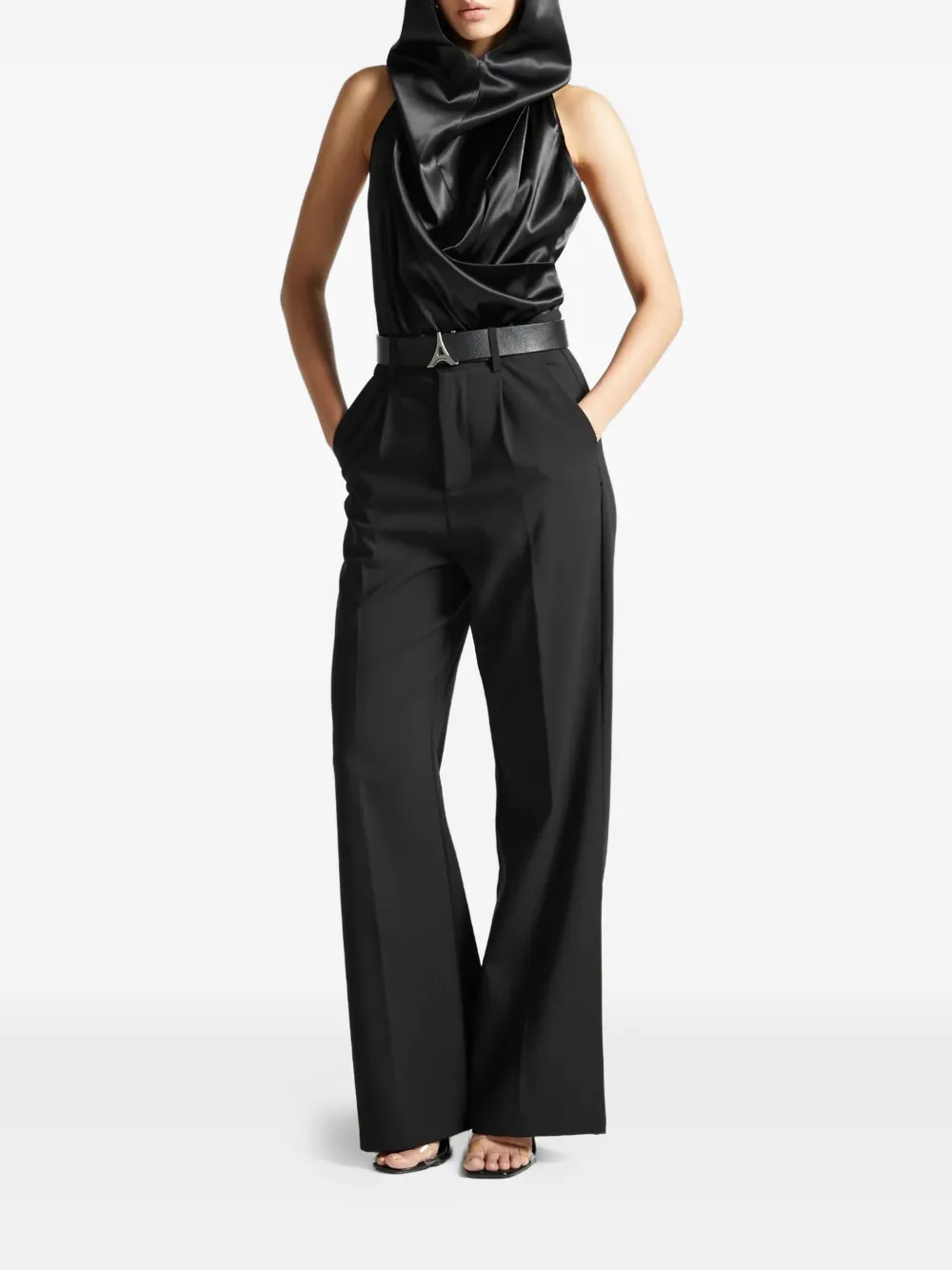 Manière De Voir Cowl-neck Satin Bodysuit In Black