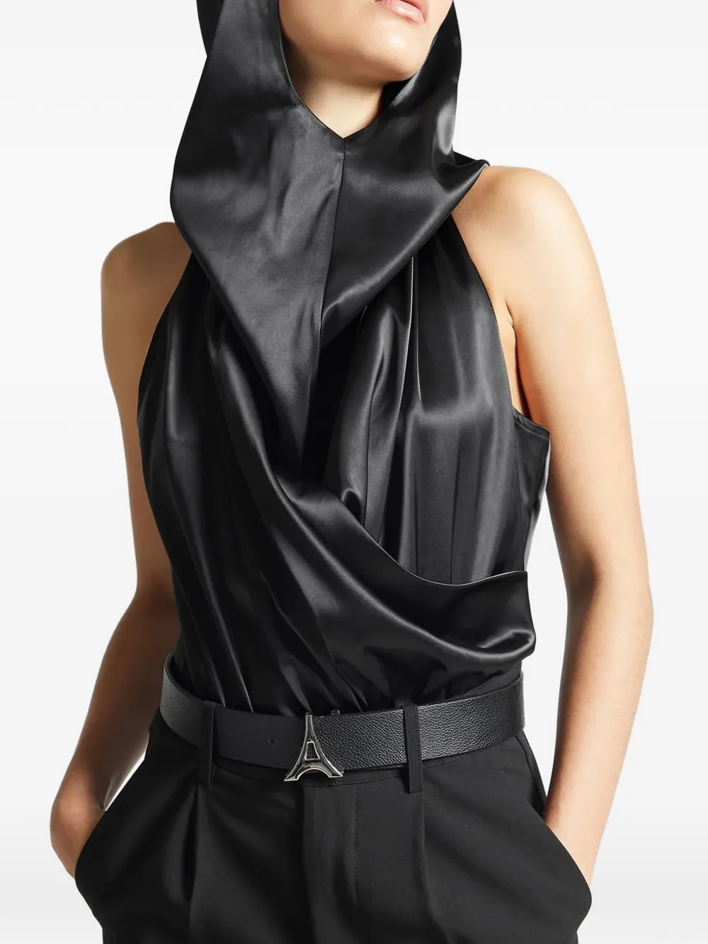 Manière De Voir Cowl-neck Satin Bodysuit In Black