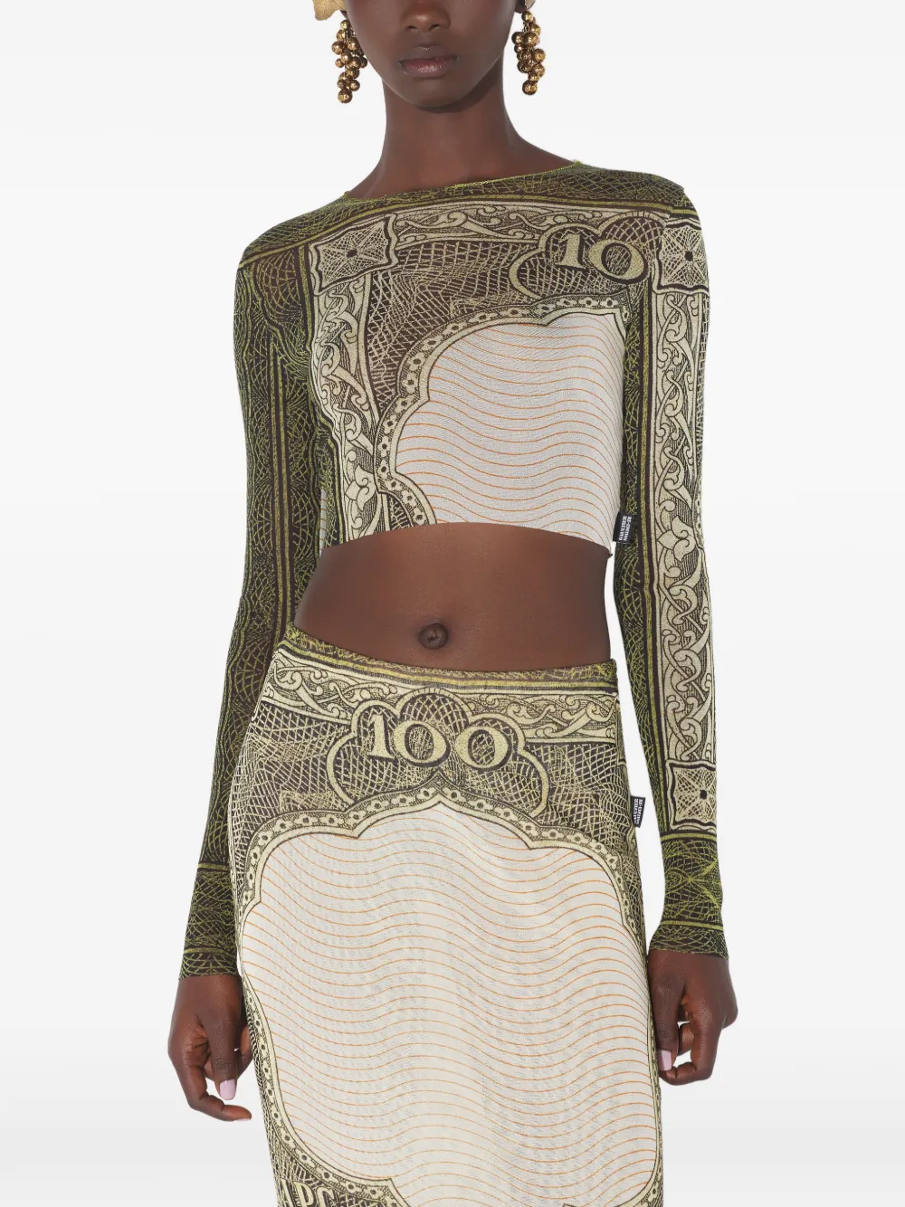 Jean Paul Gaultier long-sleeves printed crop top Beige
