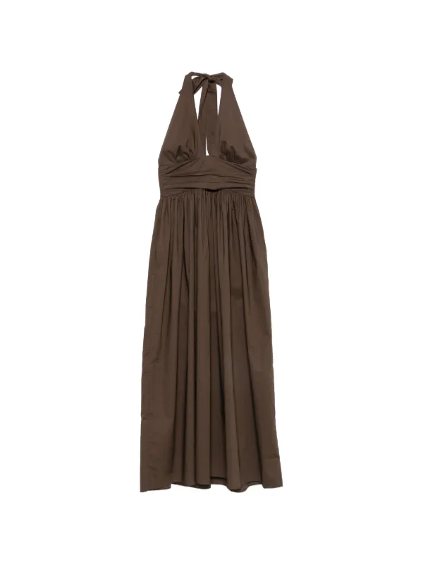 brown halter neck midi dress Chocolate Cotton Poplin Halter Neck Pleated Midi Dress