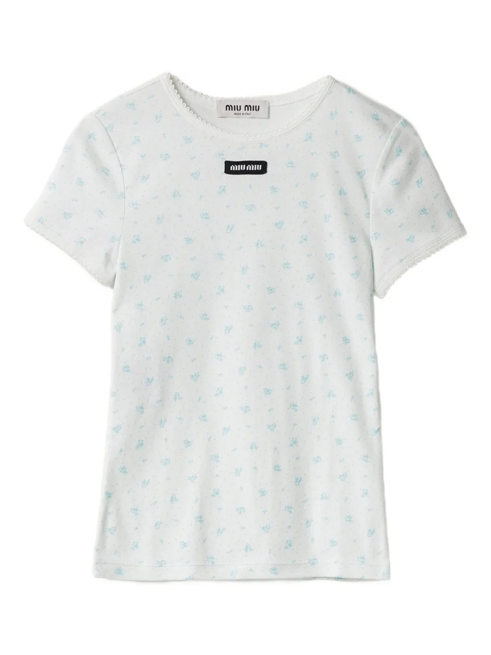 Miu Miu floral-pattern logo-patch T-shirt | White | Image 1
