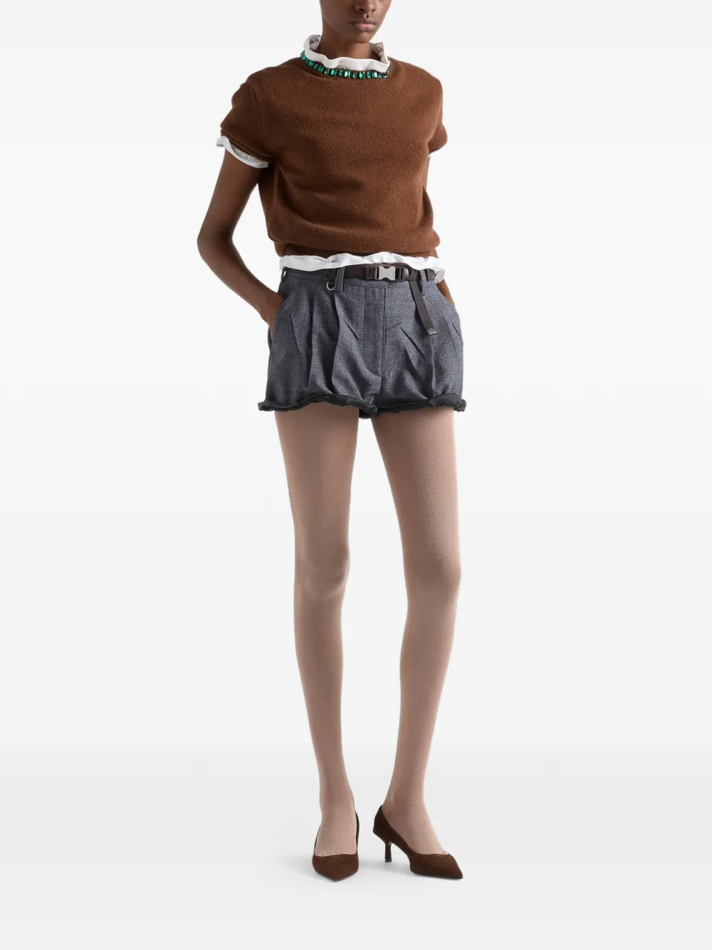 Prada Jewel Appliqued Ribbed Knit Sweater In Brown