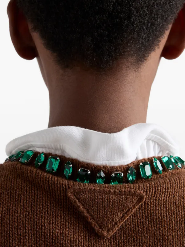 Prada Jewel Appliqued Ribbed Knit Sweater | Brown | FARFETCH
