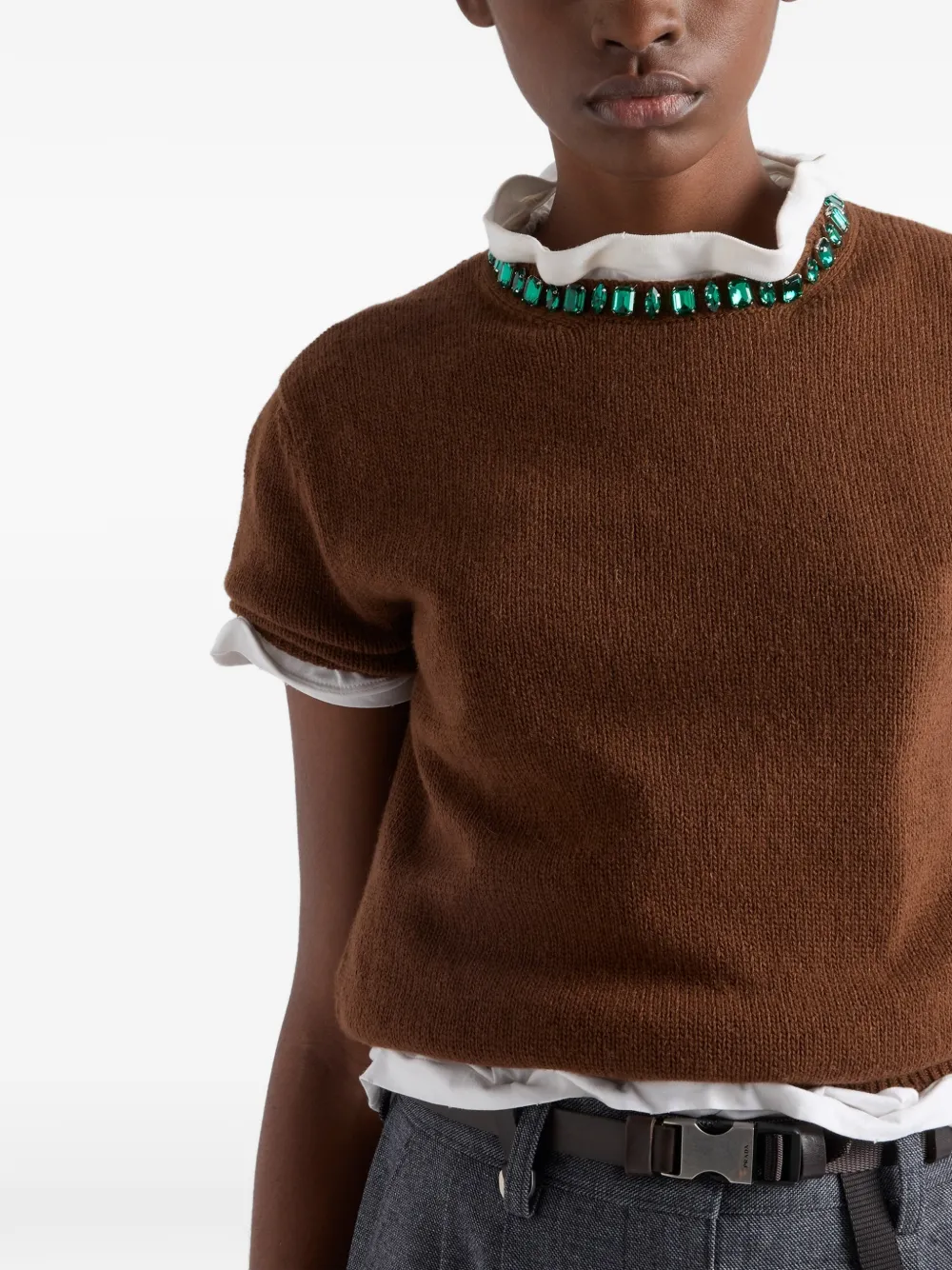 Prada Jewel Appliqued Ribbed Knit Sweater In Brown