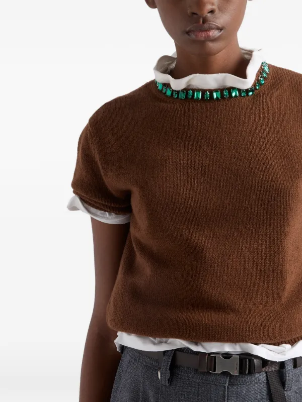Prada Jewel Appliqued Ribbed Knit Sweater | Brown | FARFETCH