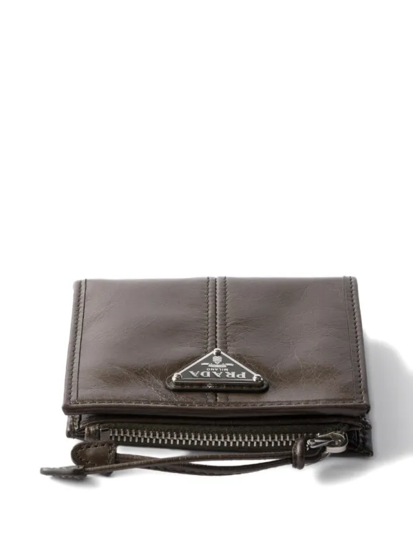 Prada Triangle Logo Zip Leather Wallet | Brown | FARFETCH HK