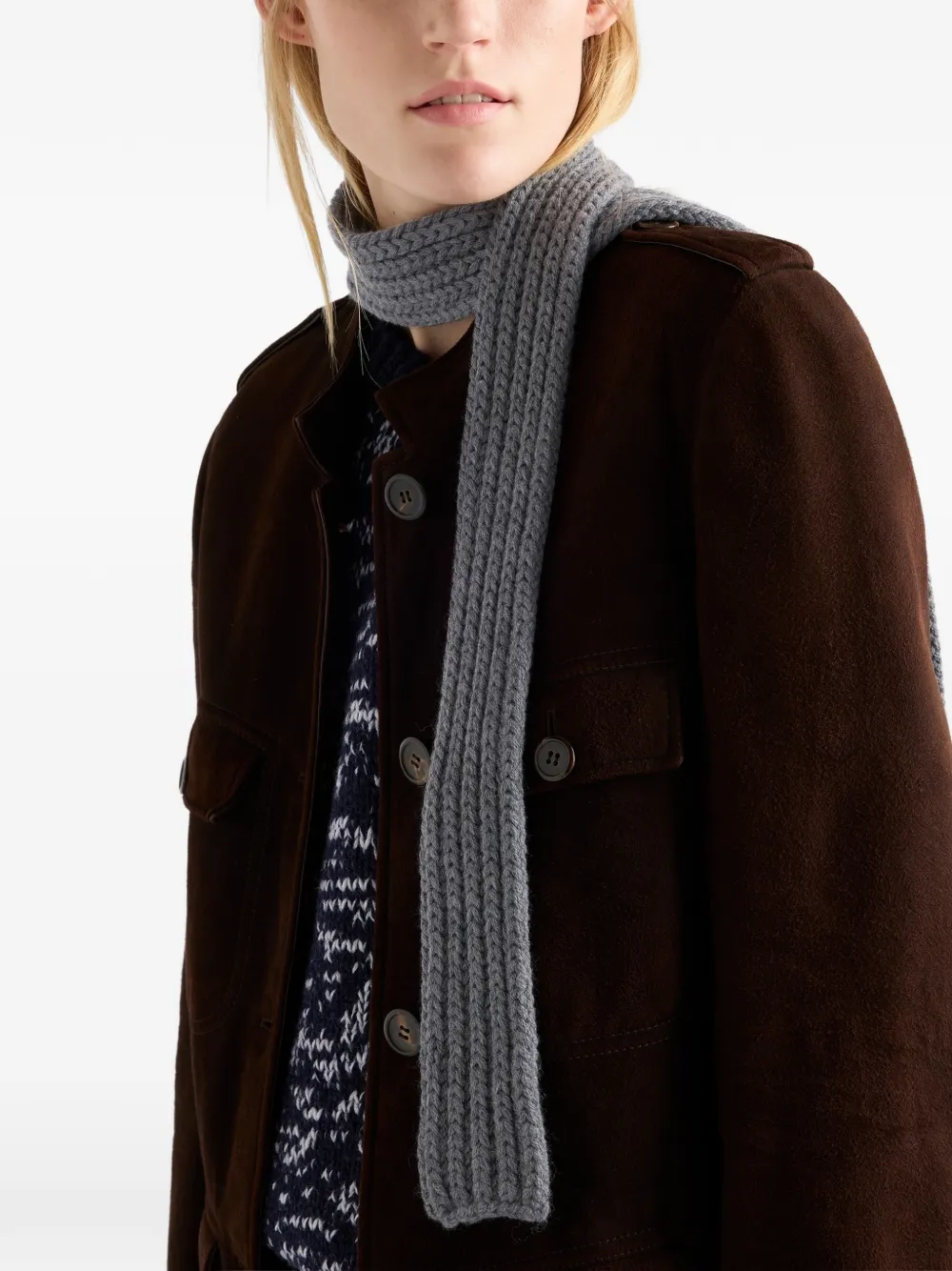 Prada Enamelled Triangle Rib Knit Scarf In Gray