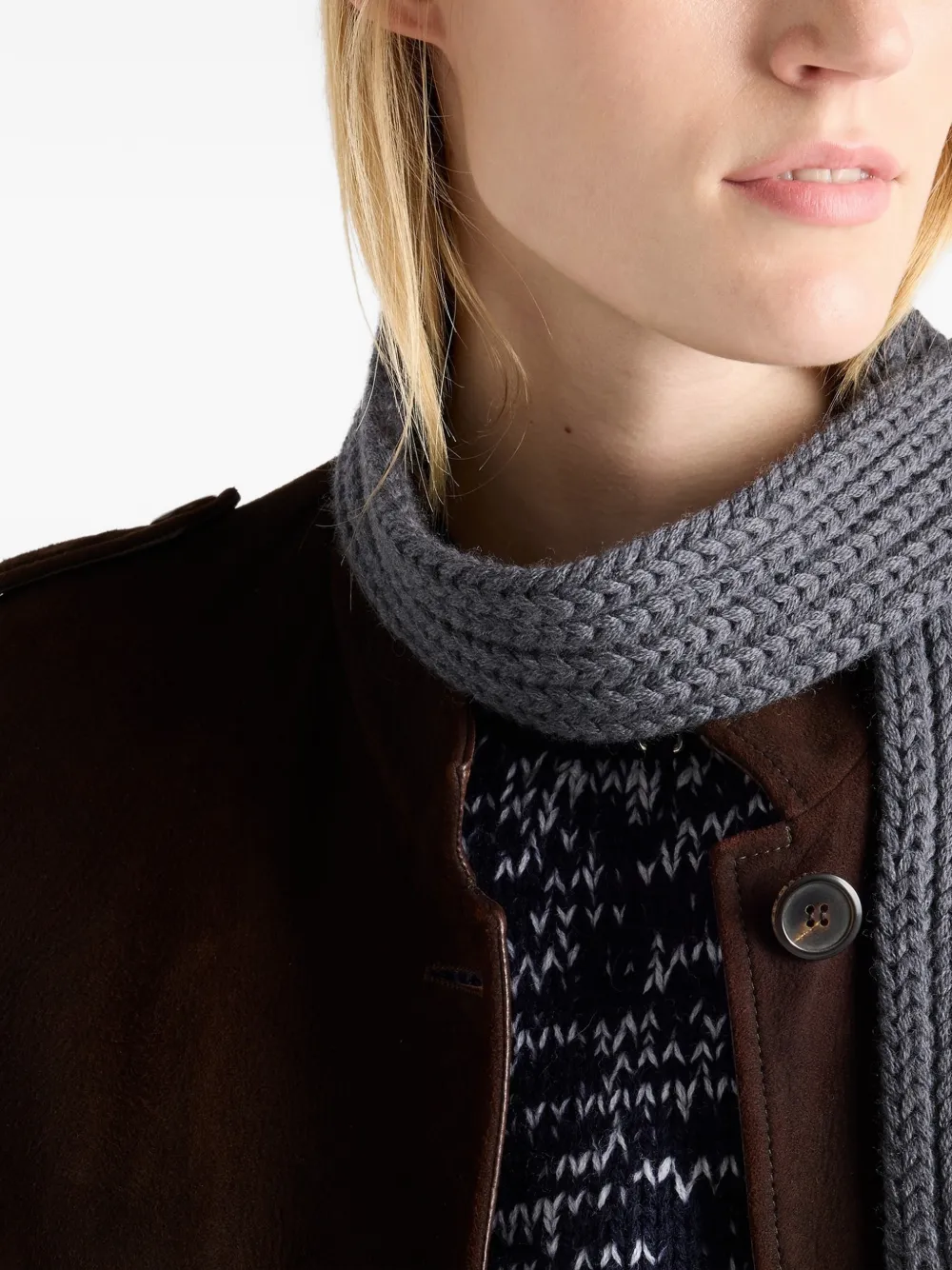 Prada Enamelled Triangle Rib Knit Scarf In Gray