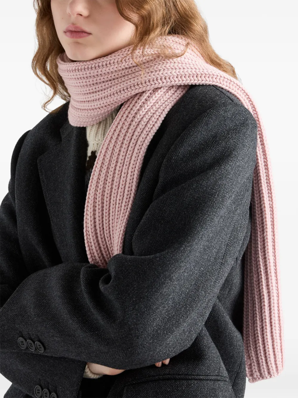 Prada Enameled Triangle Rib Knit Scarf In Pink