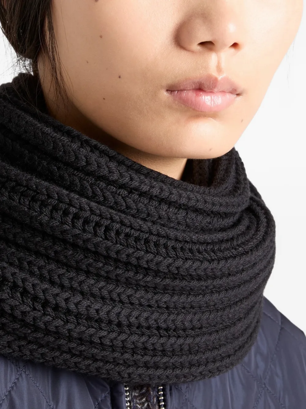 Prada Enameled Triangle Knit Scarf In Black