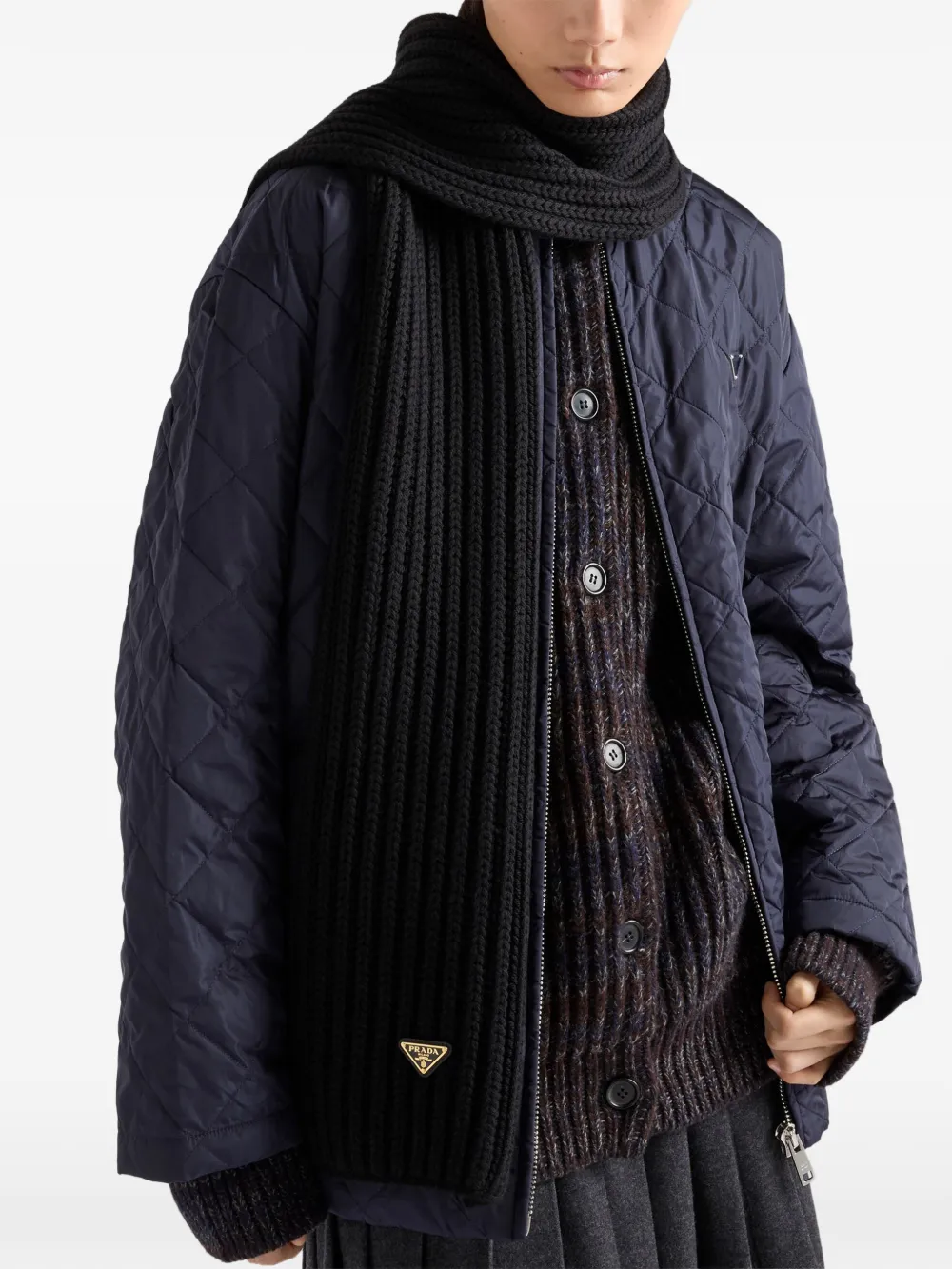 Prada Enameled Triangle Knit Scarf In Black