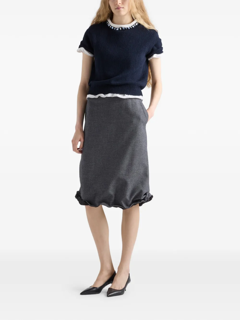 Prada Wool And Cashmere Crewneck Sweater With Jewel Details Clothing In Blue