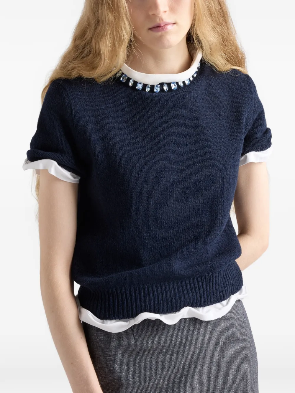 Prada Wool And Cashmere Crewneck Sweater With Jewel Details Clothing In Blue