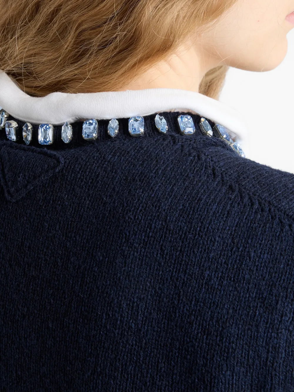 Prada Wool And Cashmere Crewneck Sweater With Jewel Details Clothing In Blue