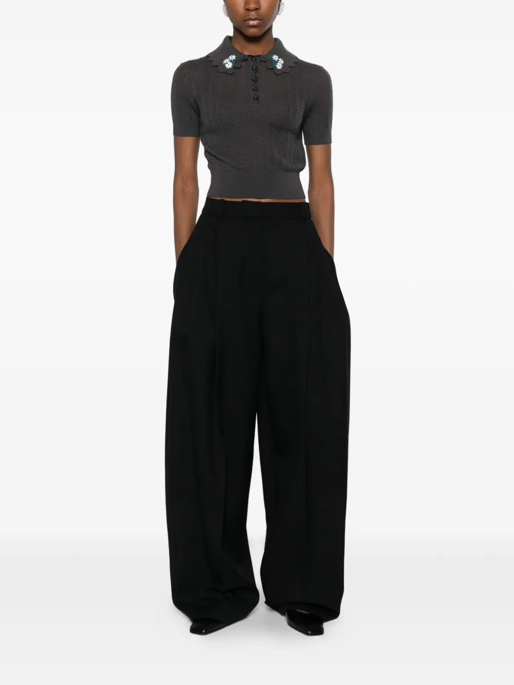 Self-Portrait floral-appliqué polo shirt - Grijs