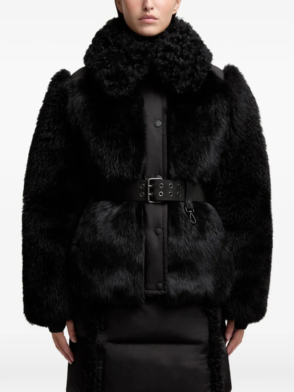 Moncler Grenoble Valdivian lammy jack met ceintuur van imitatiebont Zwart