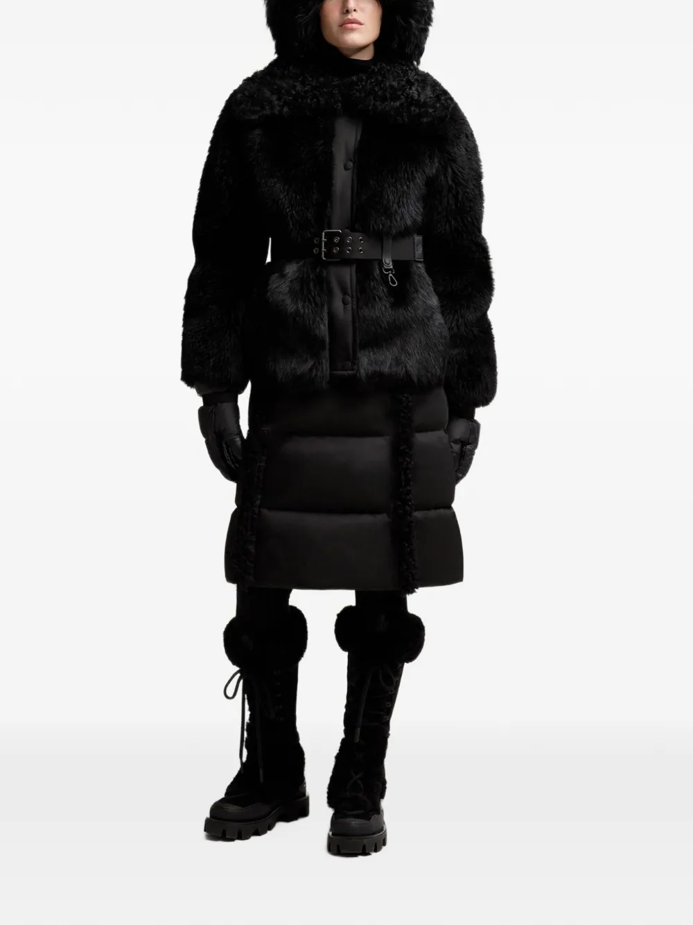 Moncler Grenoble Valdivian lammy jack met ceintuur van imitatiebont Zwart