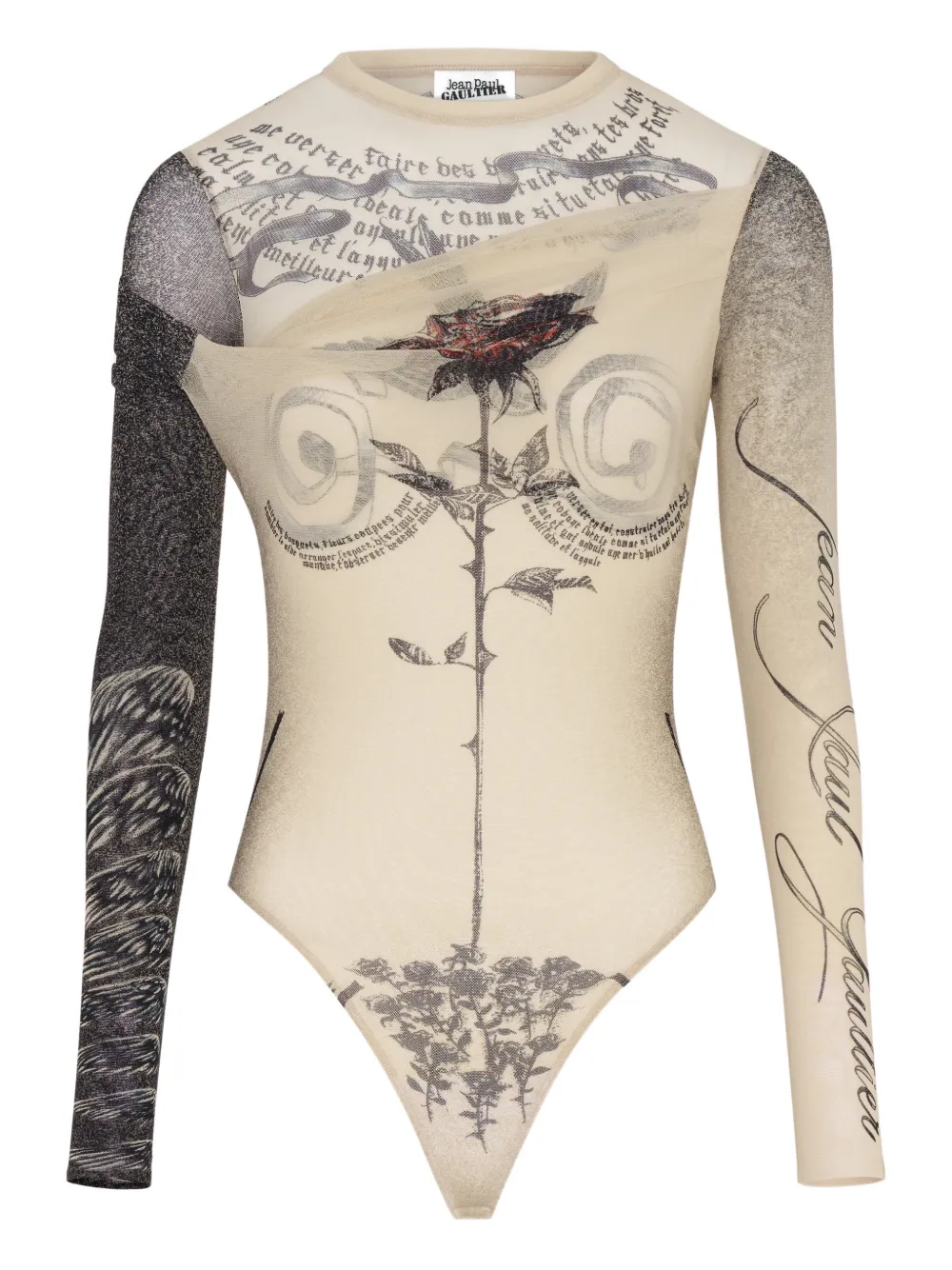 Jean Paul Gaultier Tattoo Print Cutout Double Layer Mesh Thong Bodysuit In Neutral