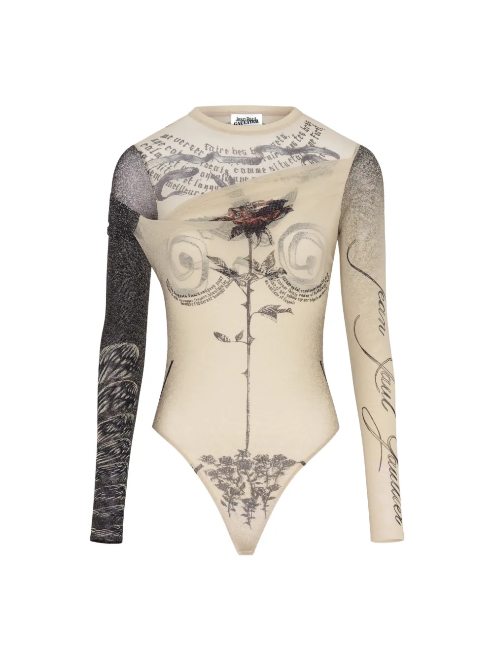 Jean Paul Gaultier Tattoo Print Cutout Double Layer Mesh Thong Bodysuit In Neutral