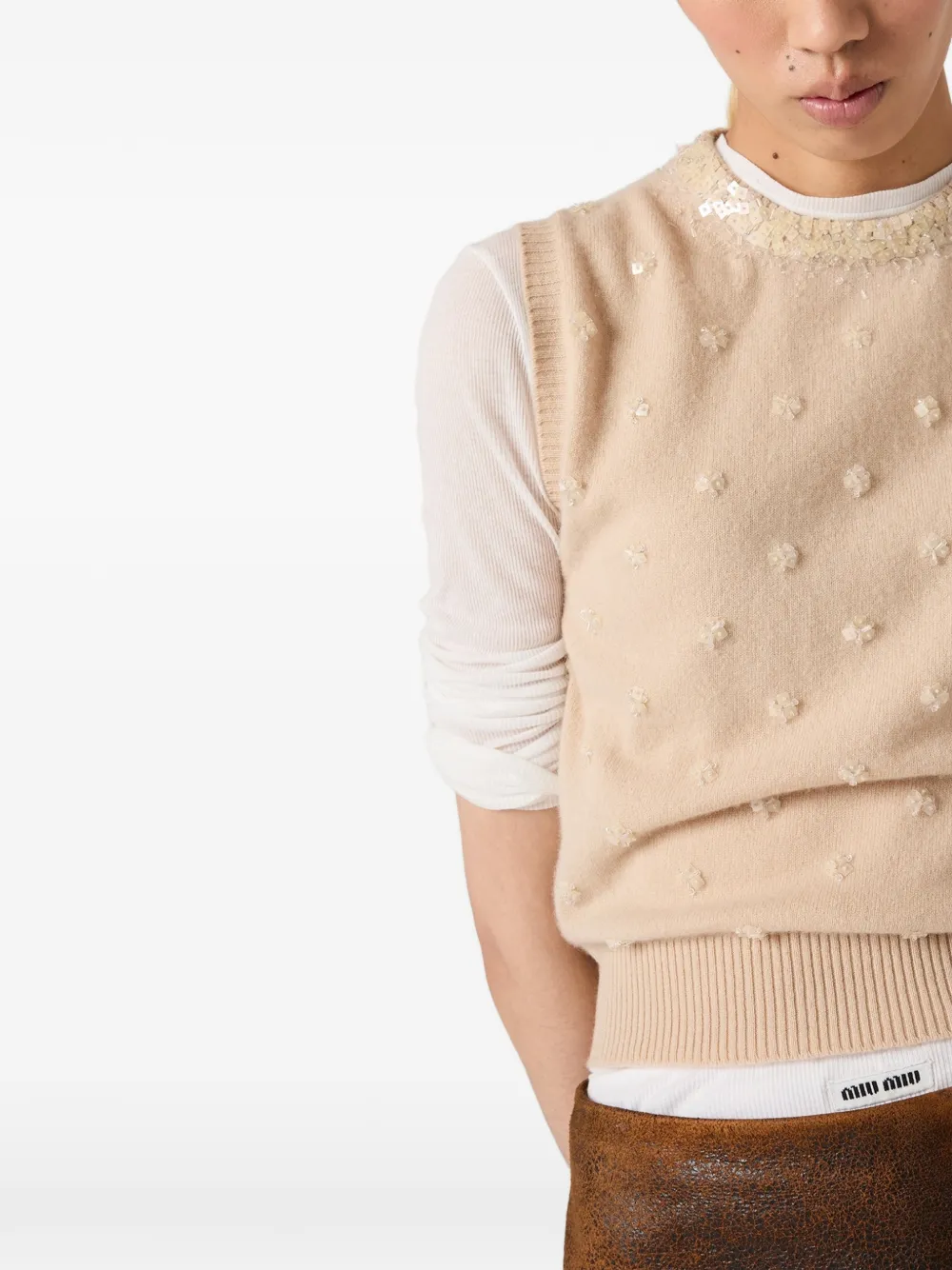 Miu Miu Crew-neck Cashmere Vest In Brown