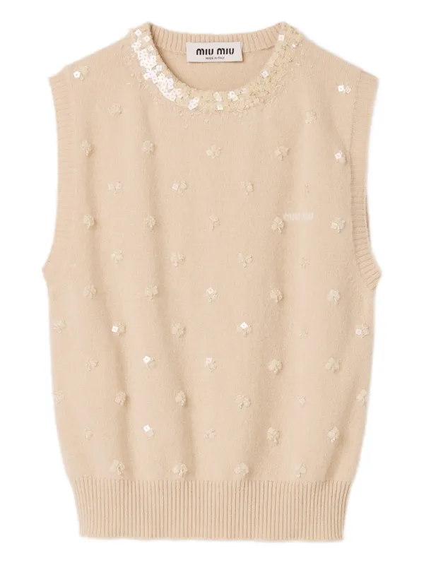 Miu Miu Crew-neck Cashmere Vest in Neutrals