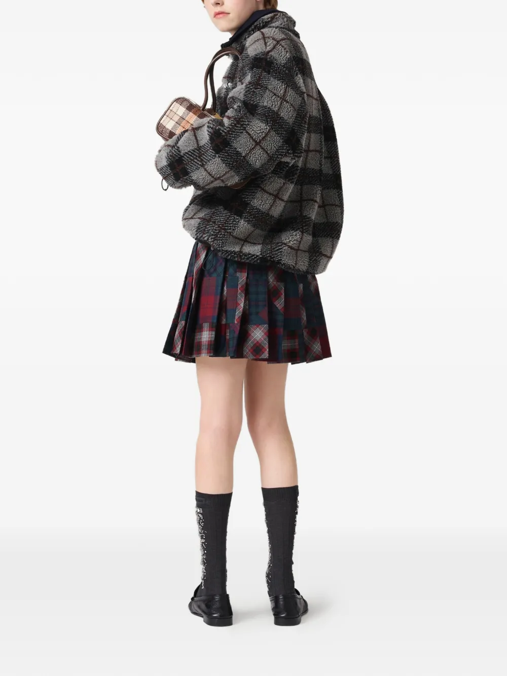  Miu Miu Pleated Plaid Patchwork Mini Skirt - Red 