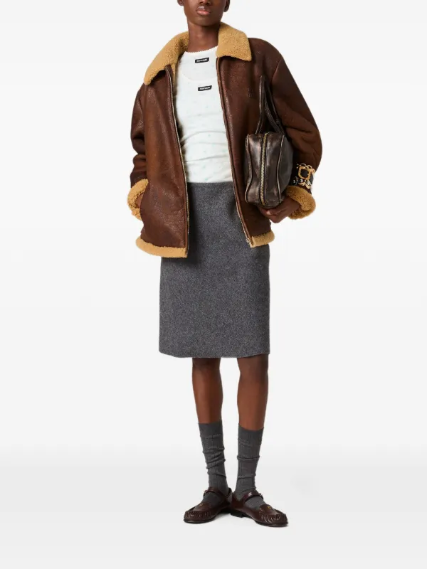 Miu Miu ジップアップ ムートンコート | ブラウン | FARFETCH JP