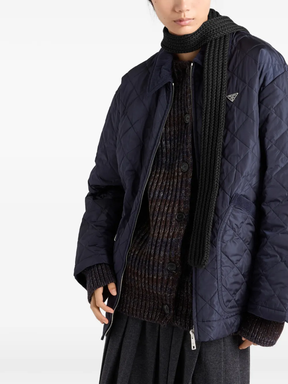 Prada Enameled Triangle Knit Scarf In Black