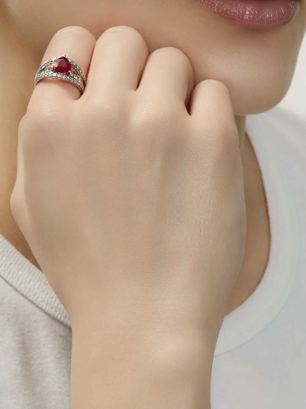 Platinum Heart-Shape Diamond And Ruby Ring