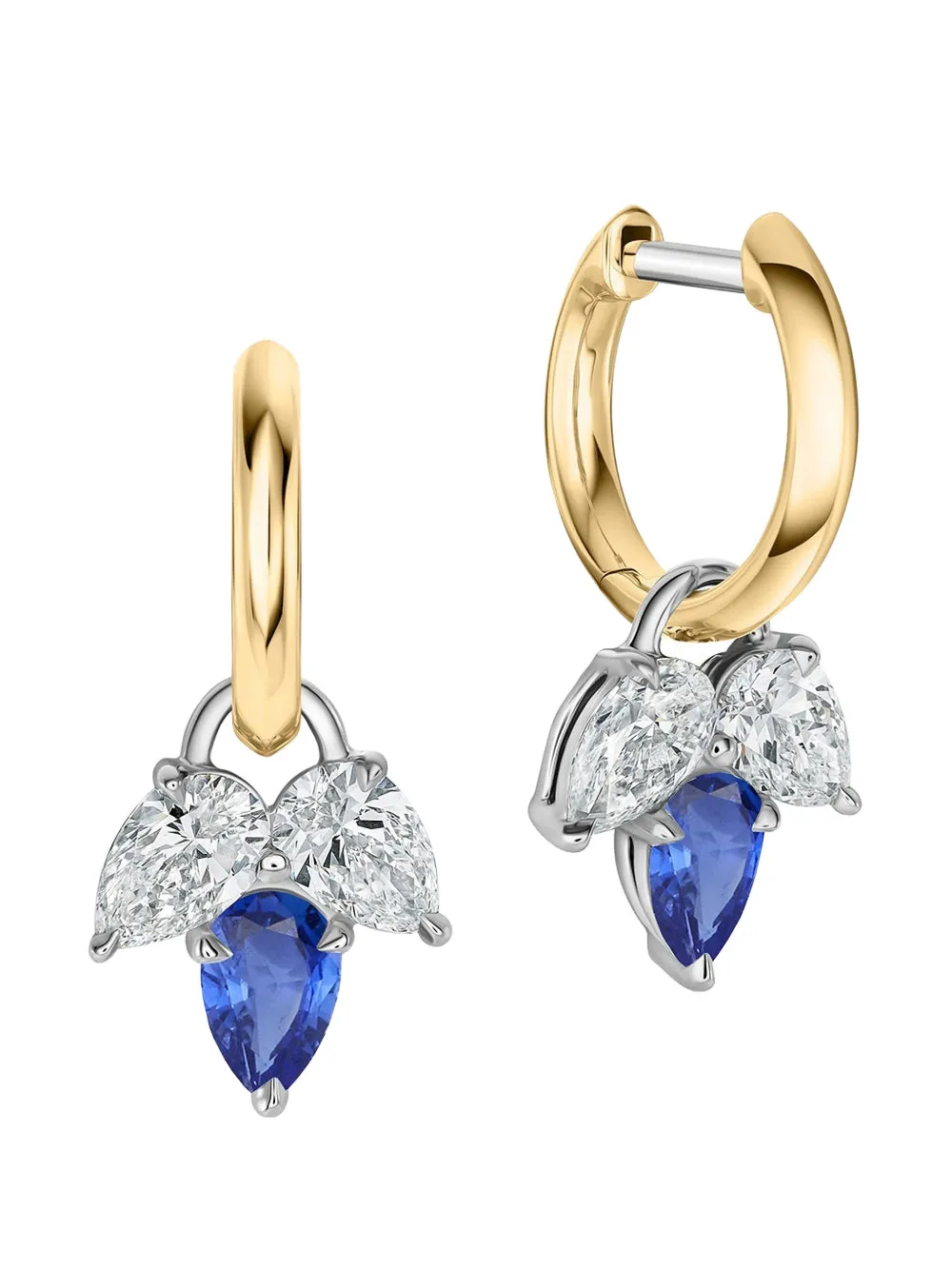 Phillips House 18k Yellow Gold And Platinum Diamond And Sapphire Triple-leaf Huggie Earrings In Gold