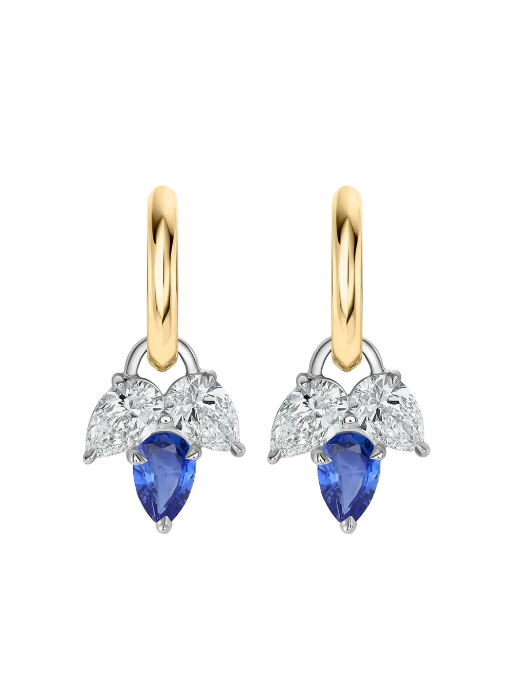 Phillips House 18k Yellow Gold And Platinum Diamond And Sapphire Triple-leaf Huggie Earrings In Gold
