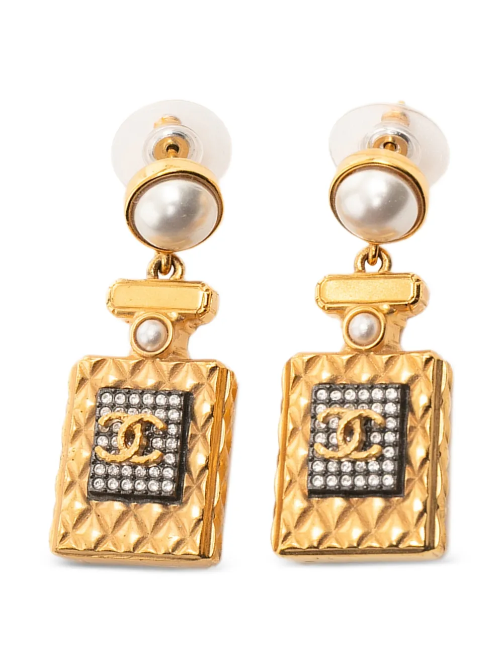 CHANEL Pre-Owned 2020 Gold Plated Faux Pearl and Strass CC Perfume Bottle Drop Earrings costume earrings - Oro