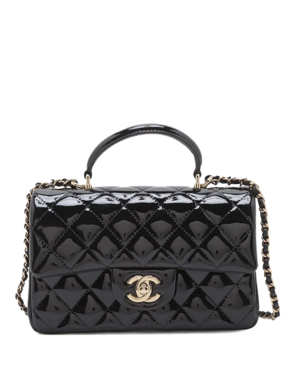 Pre-owned Chanel 2021-2025 Mini Rectangular Classic Patent Top Handle Flap Satchel In Black