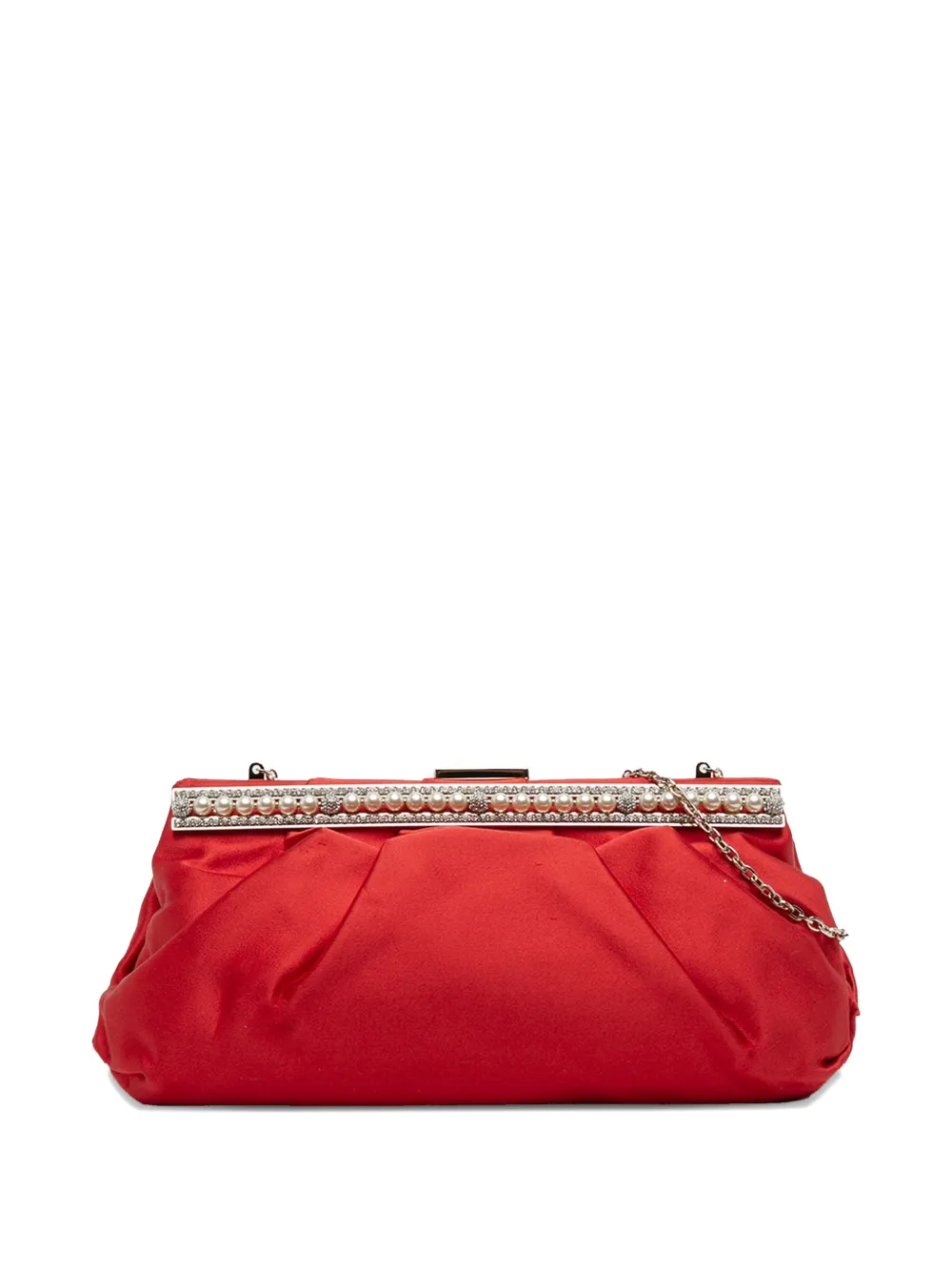 VALENTINO GARAVANI Pre-owned 2000-2017 Satin Pearl Embellished Frame Clutch On Chain Shoulder Bag In Red