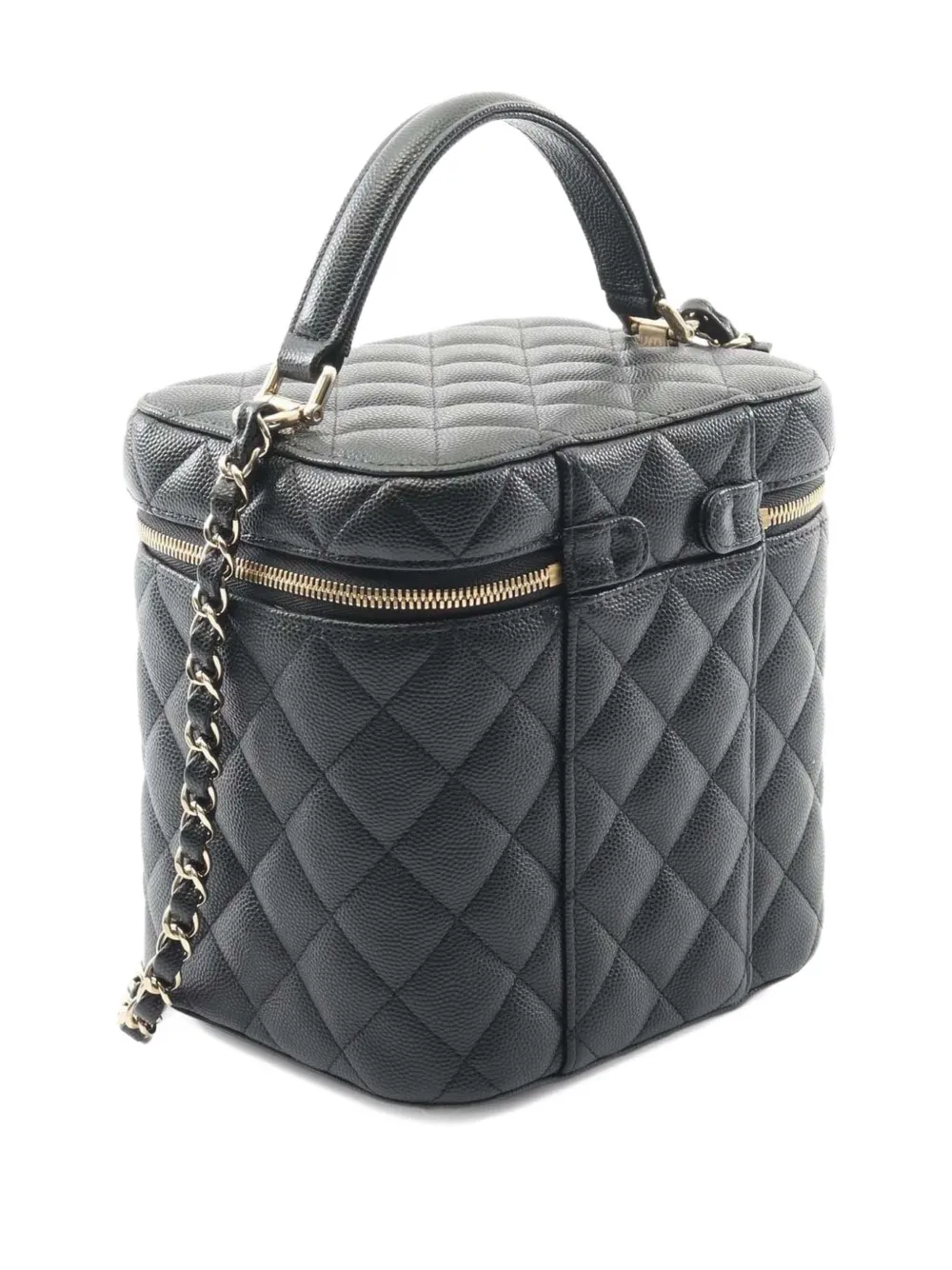 Pre-owned Chanel 2021-2025 Cc Quilted Caviar Top Handle Vanity With Chain Satchel In Black