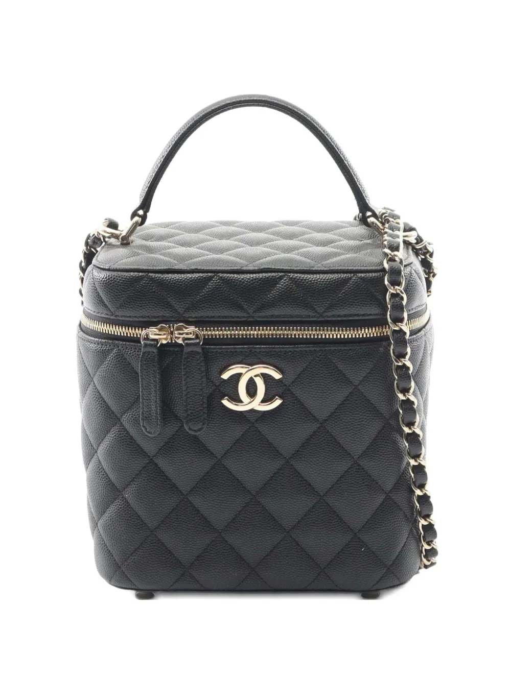 Pre-owned Chanel 2021-2025 Cc Quilted Caviar Top Handle Vanity With Chain Satchel In Black