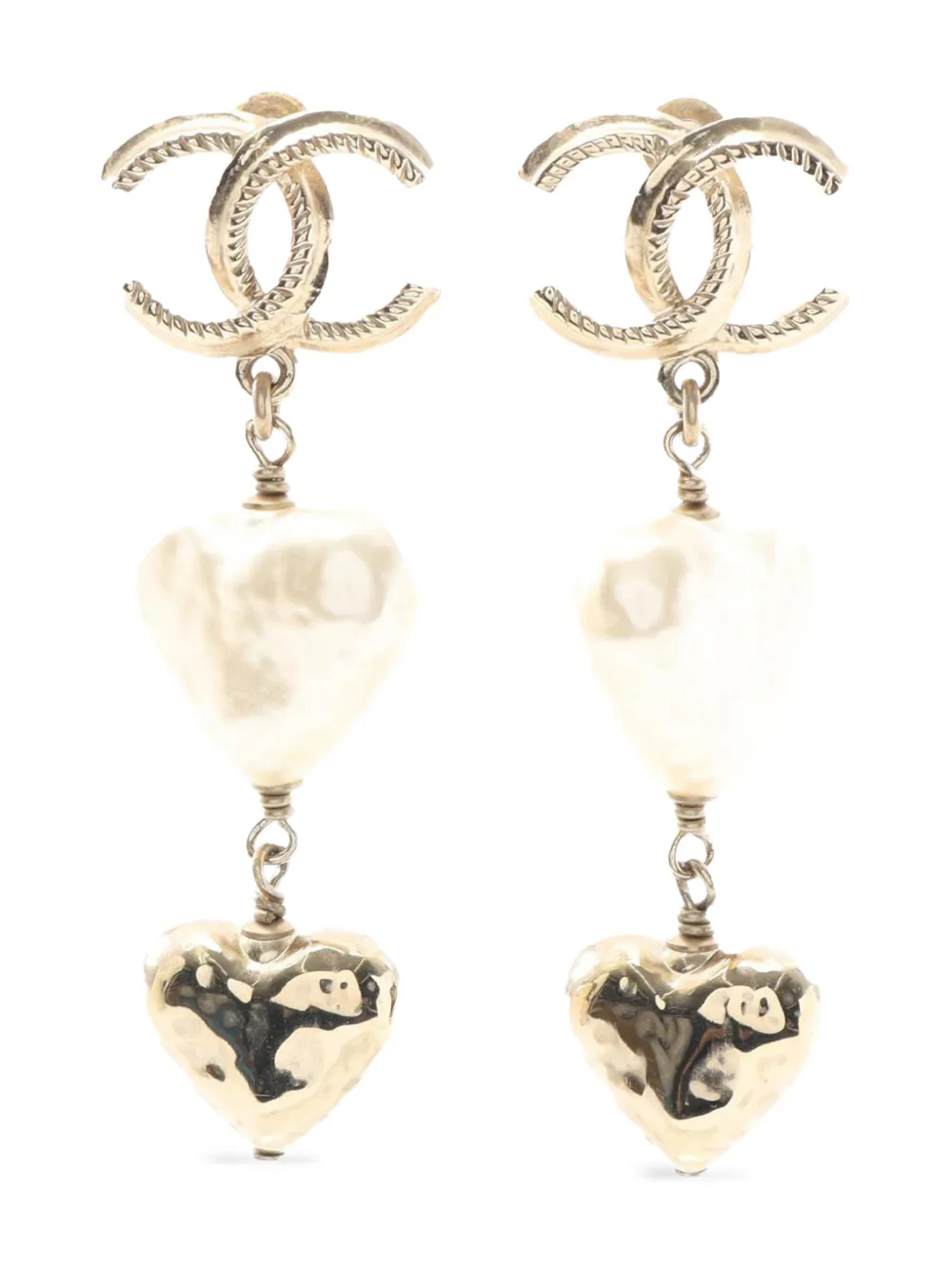 CHANEL Pre-Owned Orecchini pendenti Heart CC placcati oro con perle sintetiche e chiusura a pressione 2022