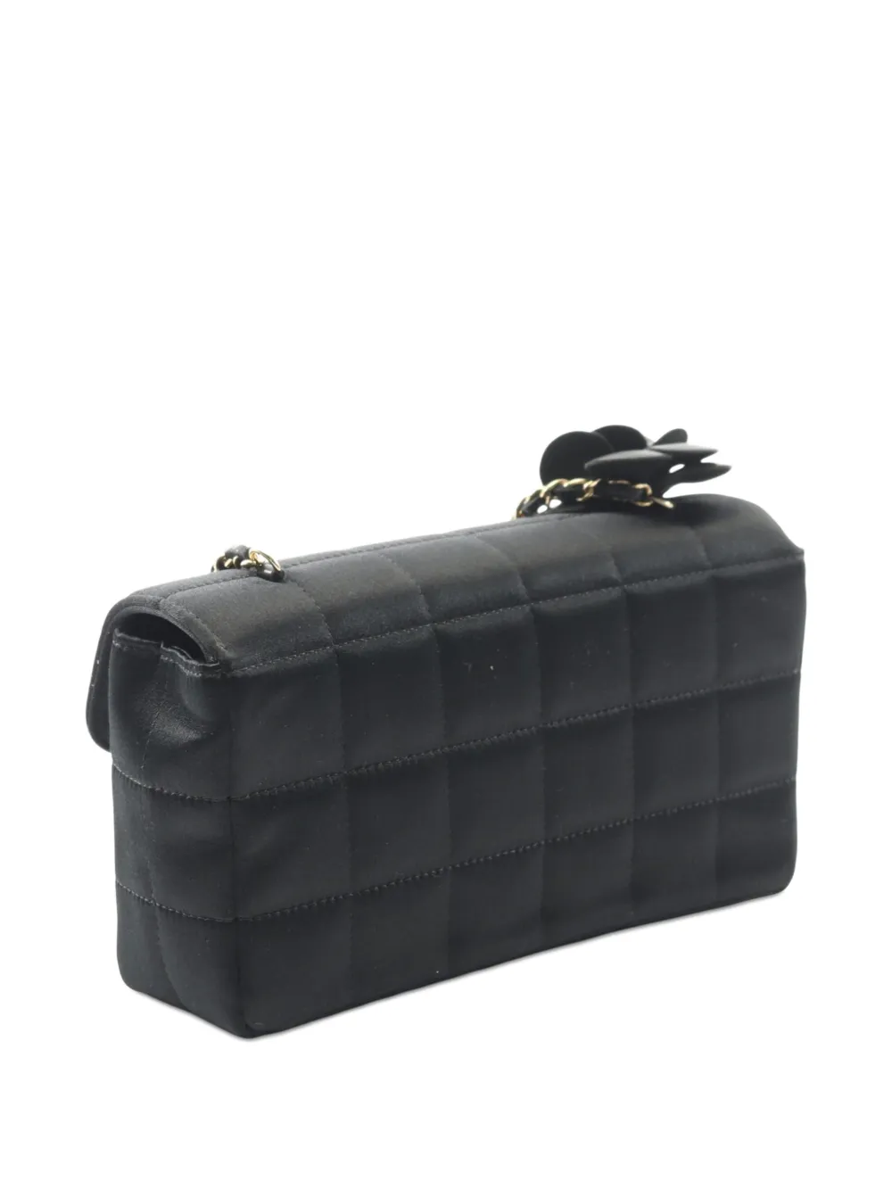 CHANEL Pre-owned 2005-2006 Mini Choco Bar Quilted Satin Camellia Flap Crossbody Bag In Black