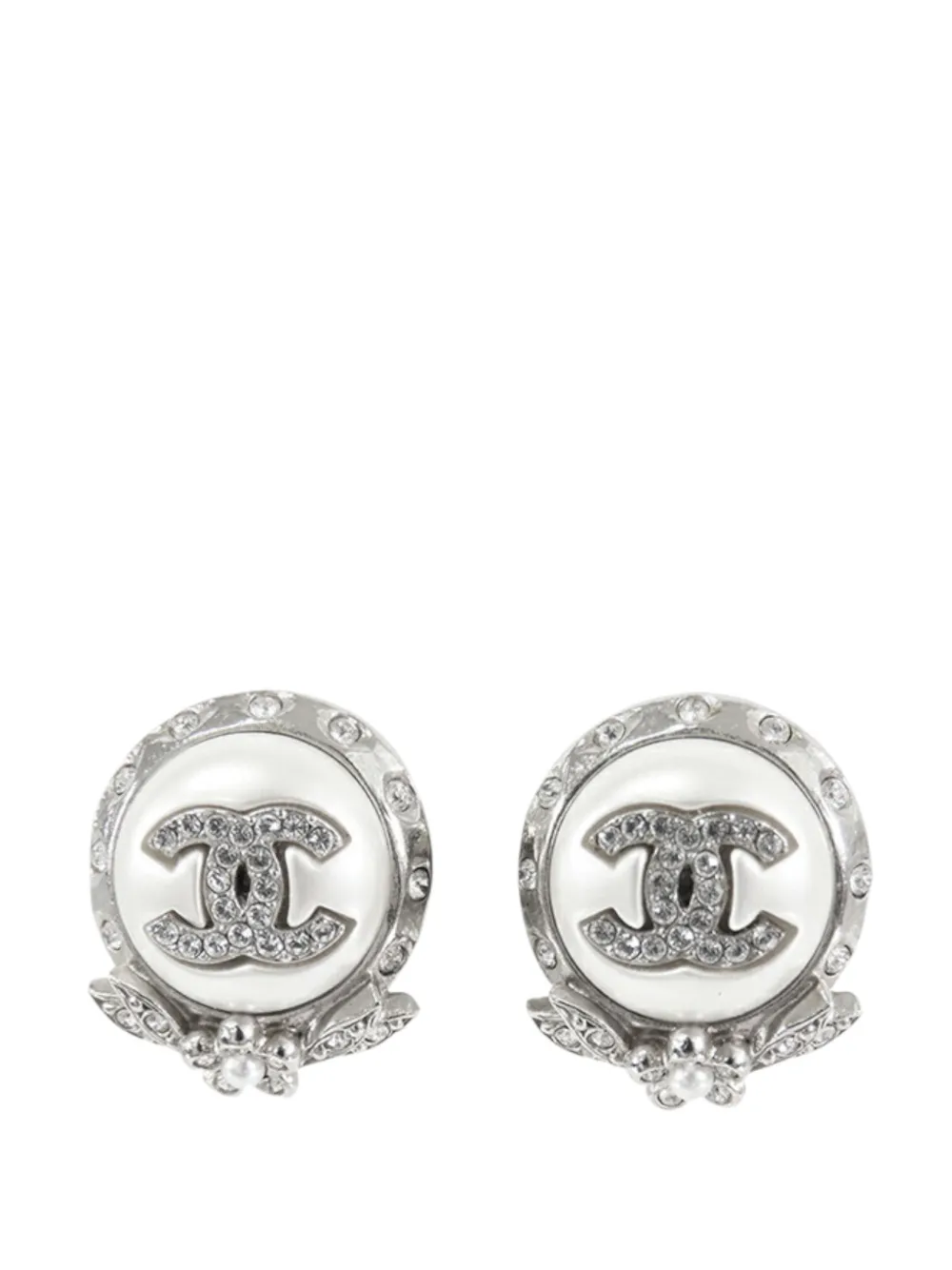 CHANEL Pre-owned 2021 Cc Silver Plated Crystal And Faux Pearl Push Back Earrings Costume Earrings In White