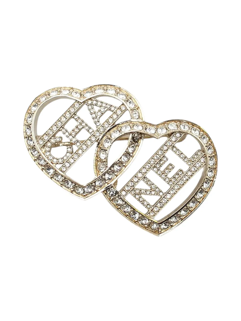 CHANEL Pre-Owned 2023 Gold Plated Rhinestones Logo Double Heart Brooch