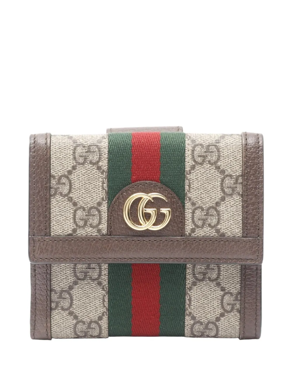 Pre-owned Gucci 2016-2025 Gg Ophidia Web Flap Wallet Small Wallets In Brown