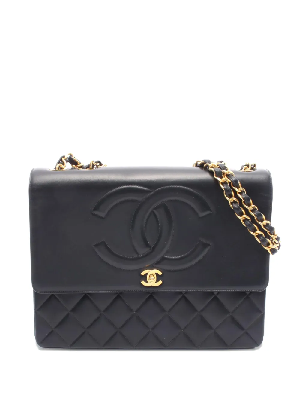 Pre-owned Chanel 1991-1994 Maxi Jumbo Cc Quilted Lambskin Shoulder Bag In Black