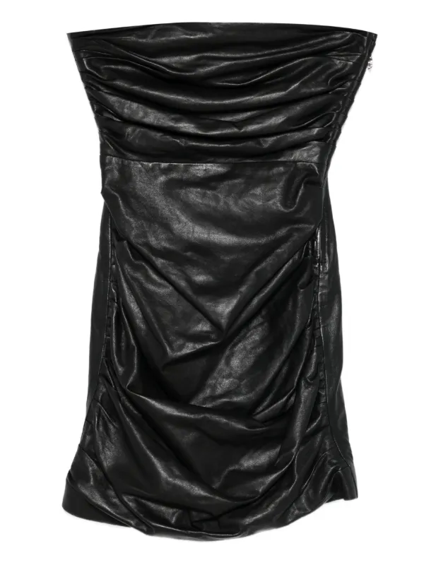 Amiri Ruched Calf Leather Mini Dress - Black